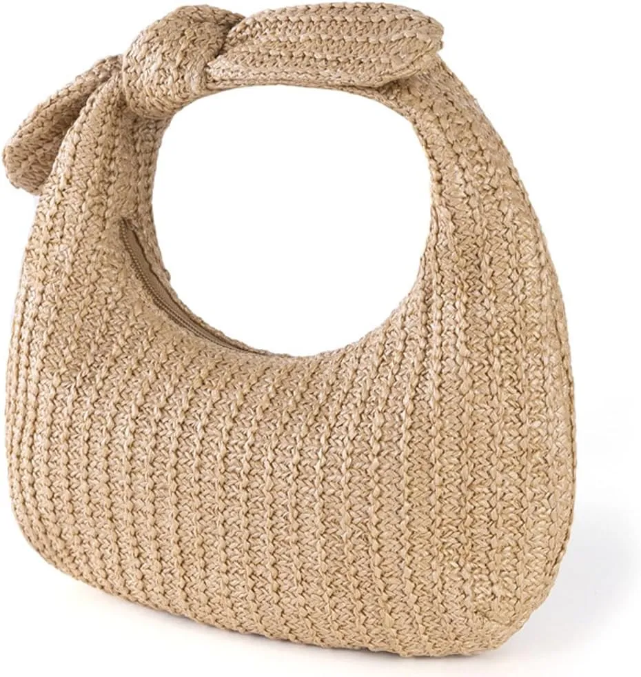 Molodo Straw Purses for Women Bow-Knot Straw Woven Clutch Bag Vacation Style Crescent Handbag Hobo Purse for Beach Travel