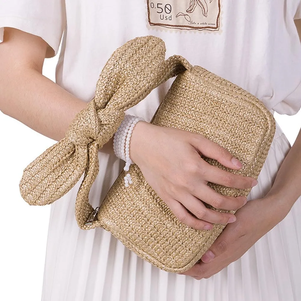 Molodo Straw Purses for Women Bow-Knot Straw Woven Clutch Bag Vacation Style Crescent Handbag Hobo Purse for Beach Travel
