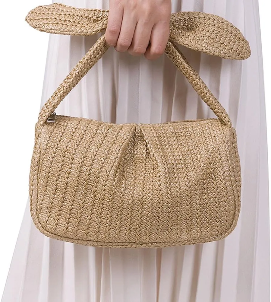 Molodo Straw Purses for Women Bow-Knot Straw Woven Clutch Bag Vacation Style Crescent Handbag Hobo Purse for Beach Travel