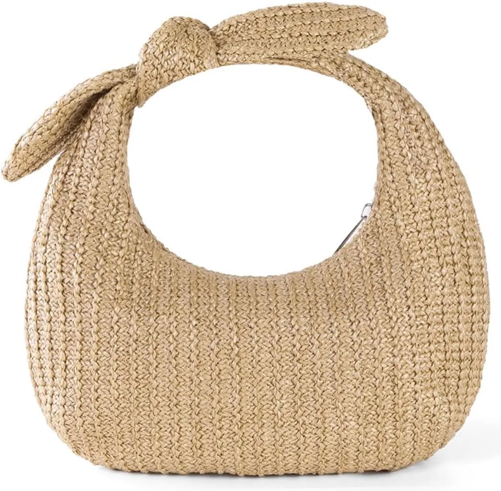 Molodo Straw Purses for Women Bow-Knot Straw Woven Clutch Bag Vacation Style Crescent Handbag Hobo Purse for Beach Travel