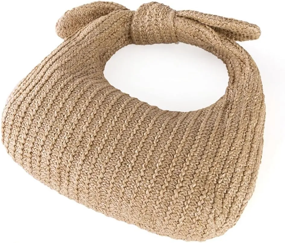 Molodo Straw Purses for Women Bow-Knot Straw Woven Clutch Bag Vacation Style Crescent Handbag Hobo Purse for Beach Travel
