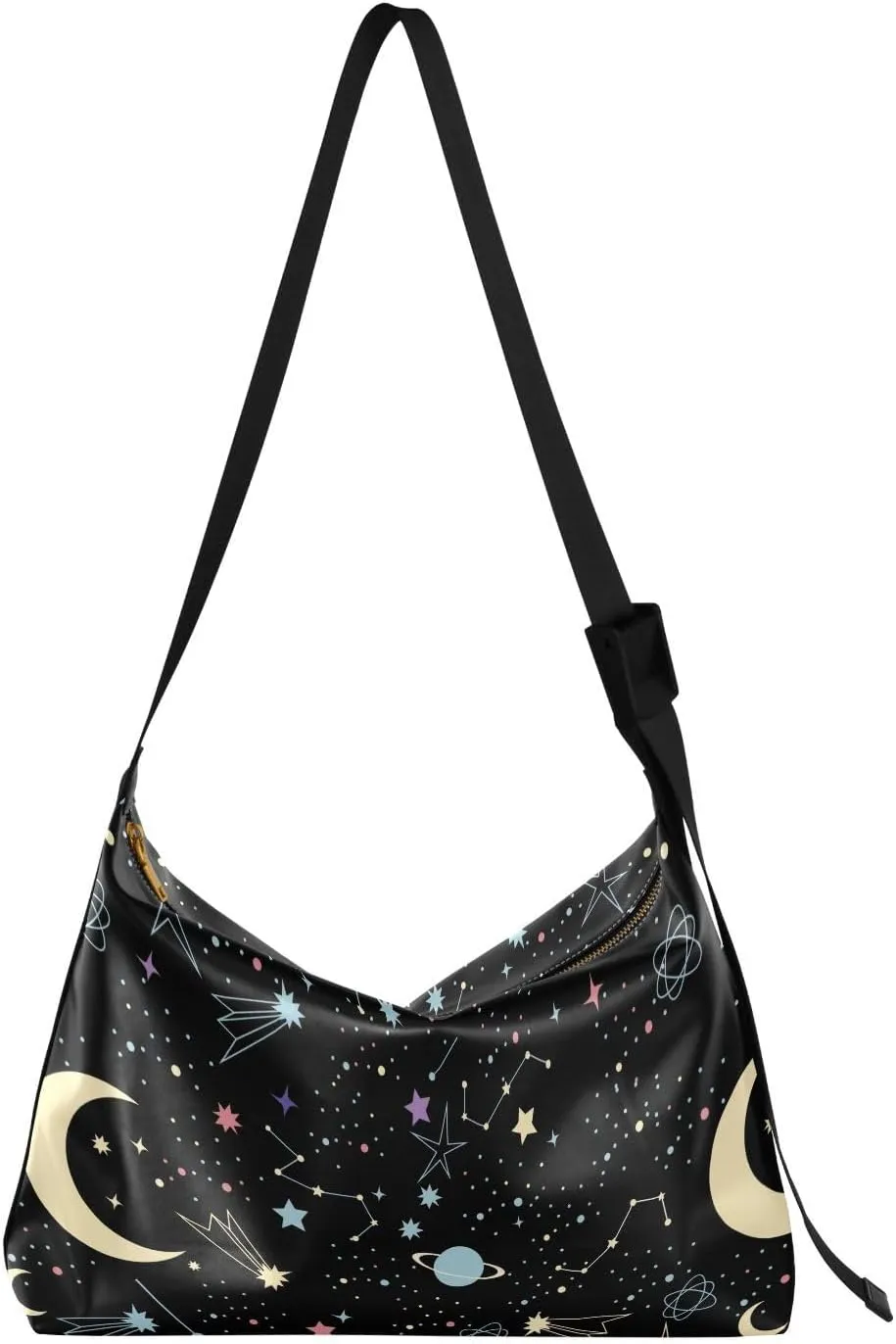 Moon Stars Night Sky Hobo Crossbody Bags for Women Leather Large Shoulder Bag Cross Body Space Planet Trendy Womens Tote Bags Handbag for Travel Shopping