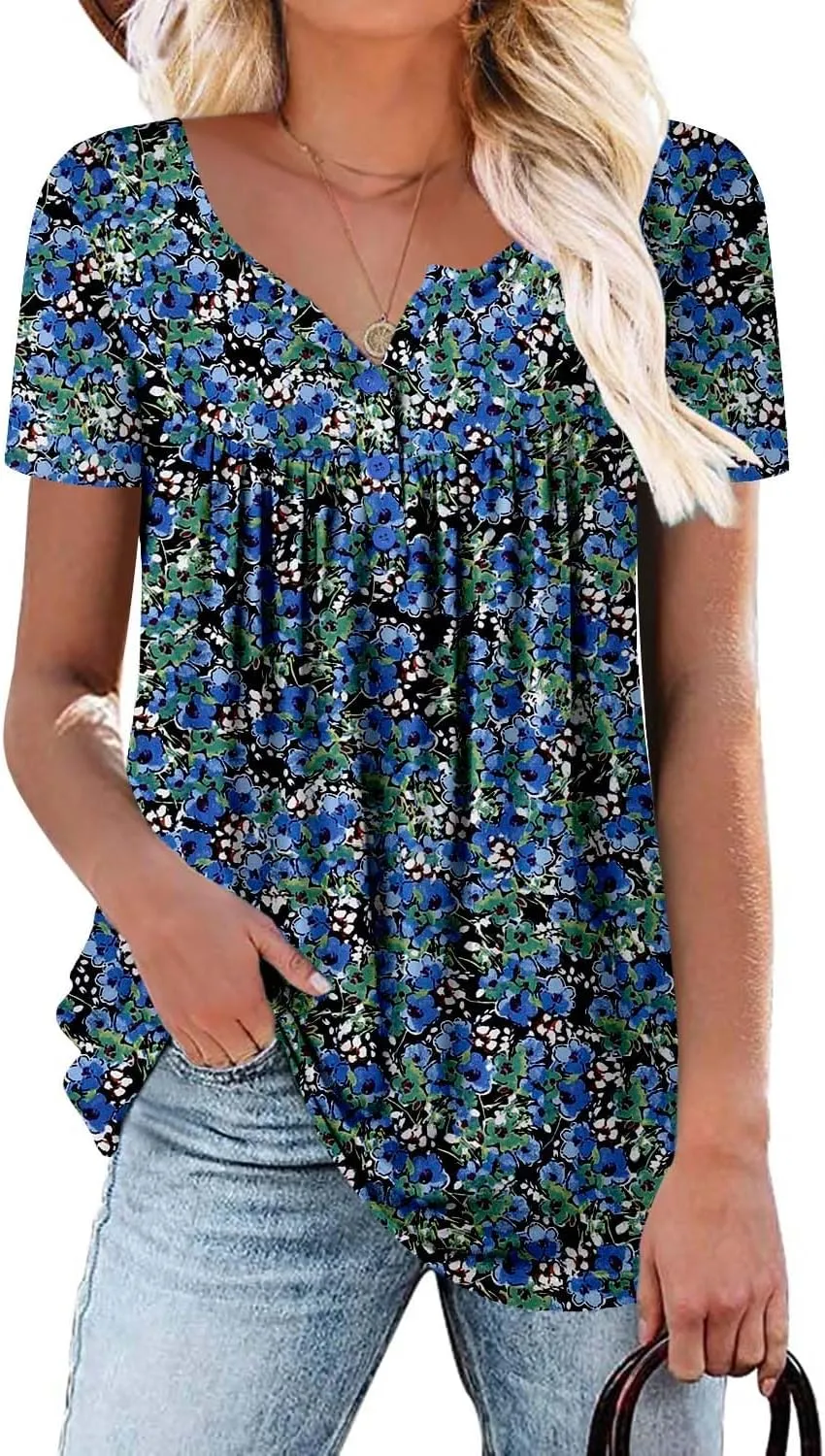 Mystry Zone Womens Henley V Neck Casual Blouse Button Down T Shirts Flare and Flowy Tops