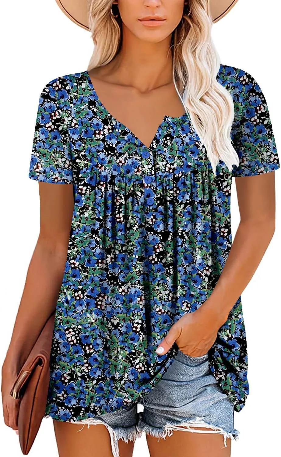 Mystry Zone Womens Henley V Neck Casual Blouse Button Down T Shirts Flare and Flowy Tops