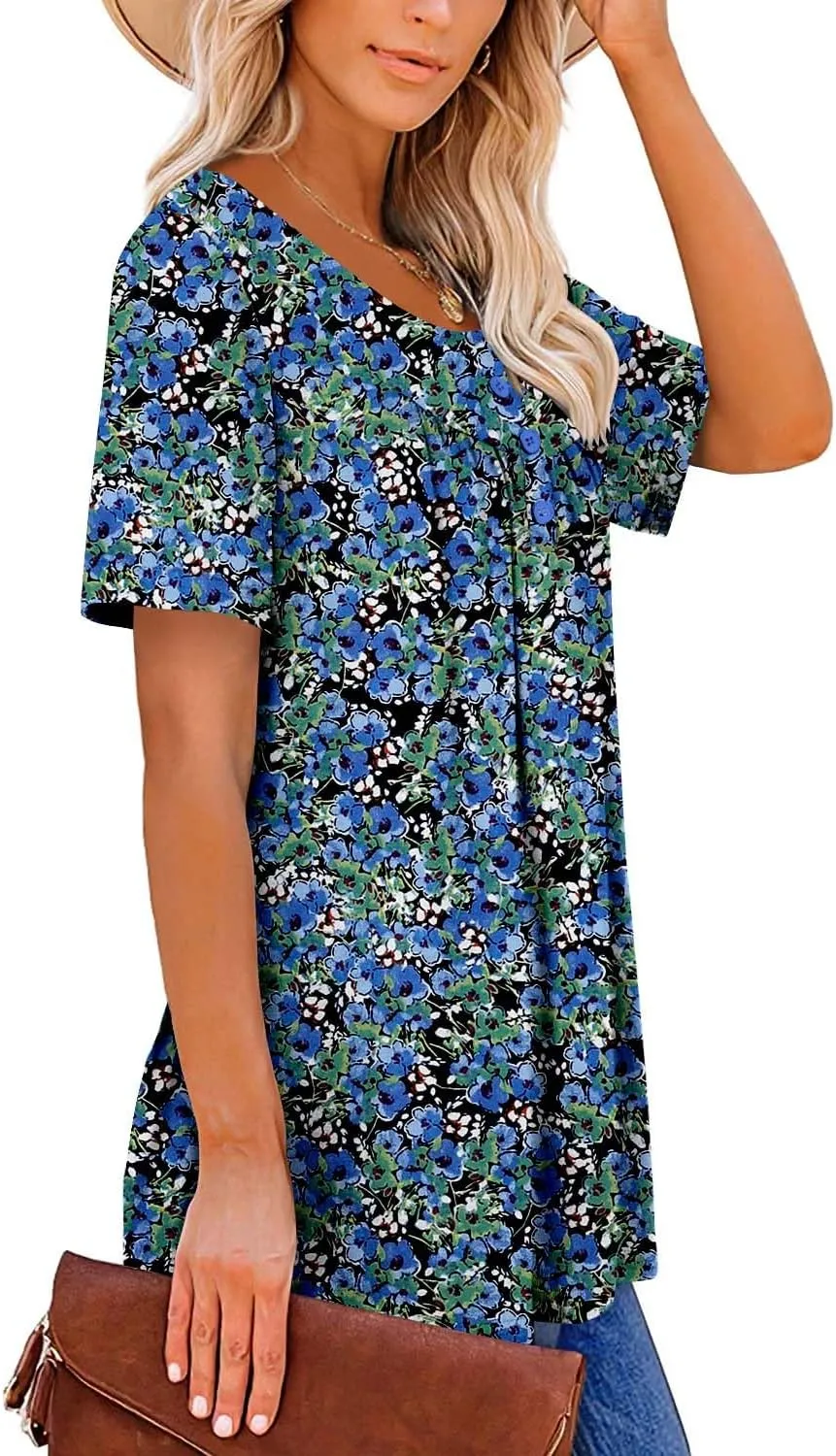 Mystry Zone Womens Henley V Neck Casual Blouse Button Down T Shirts Flare and Flowy Tops