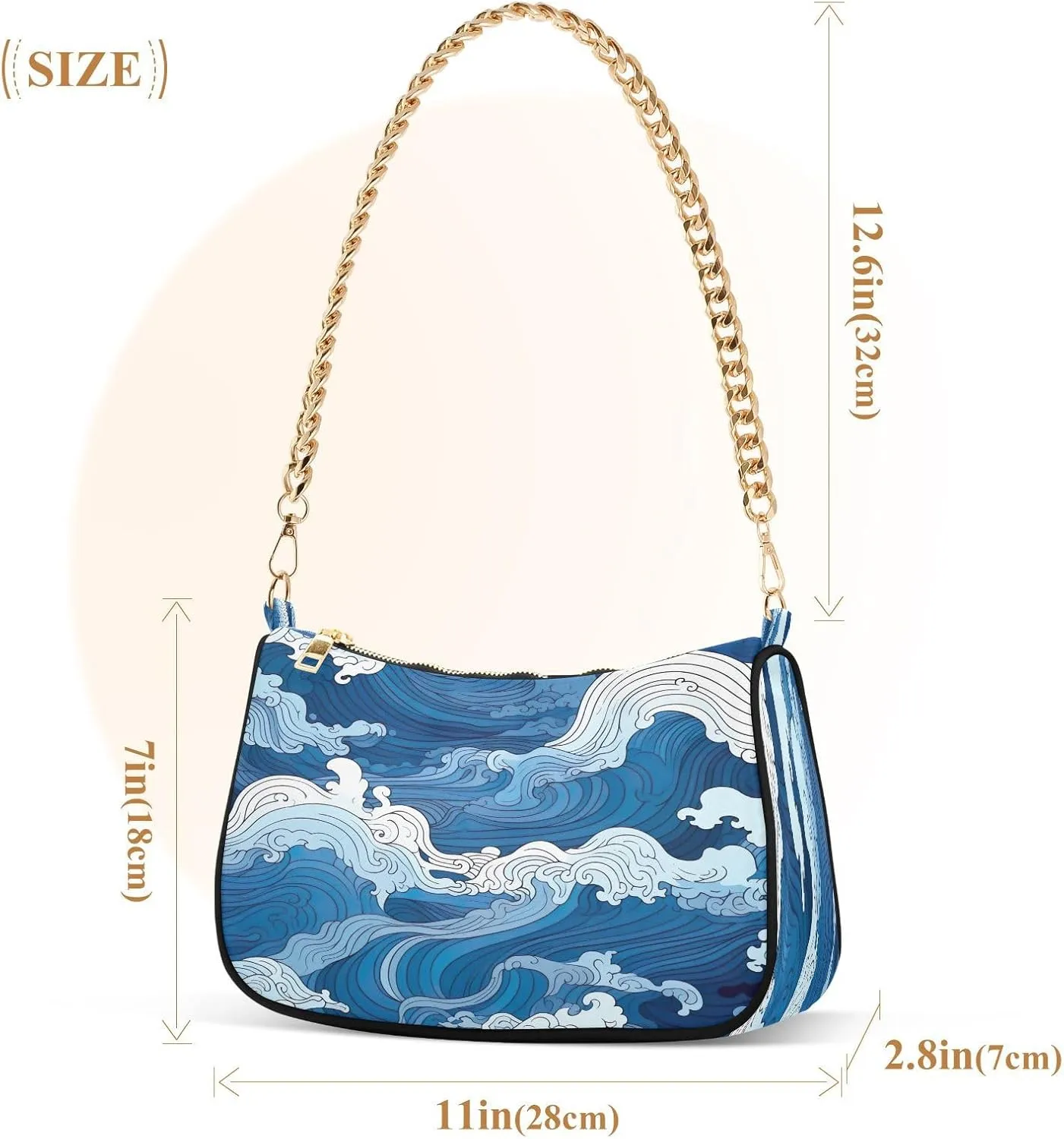 Nautical Blue Watercolor Waves Small Shoulder Bag for Women, Cute Shoulder Bags Aesthetic