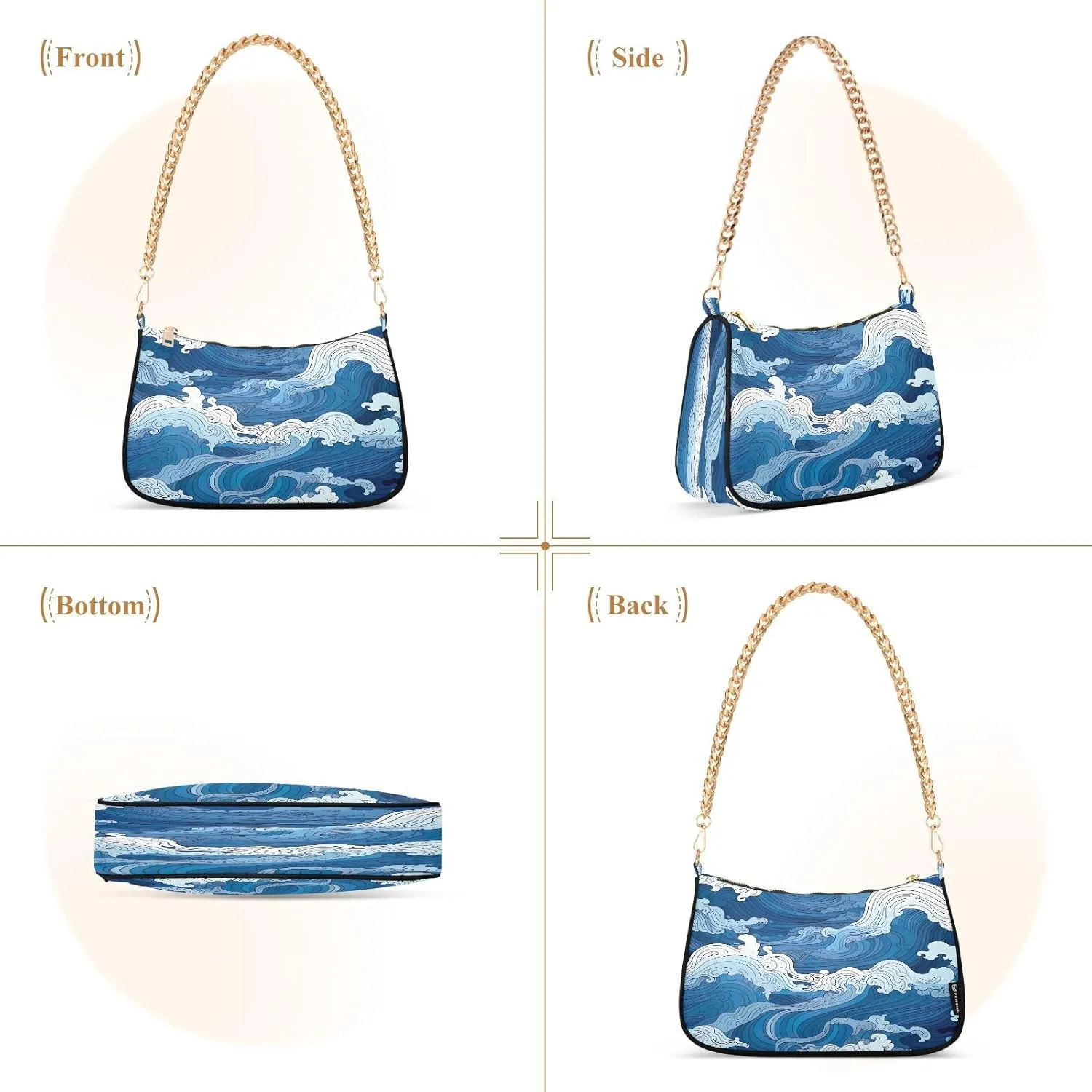 Nautical Blue Watercolor Waves Small Shoulder Bag for Women, Cute Shoulder Bags Aesthetic
