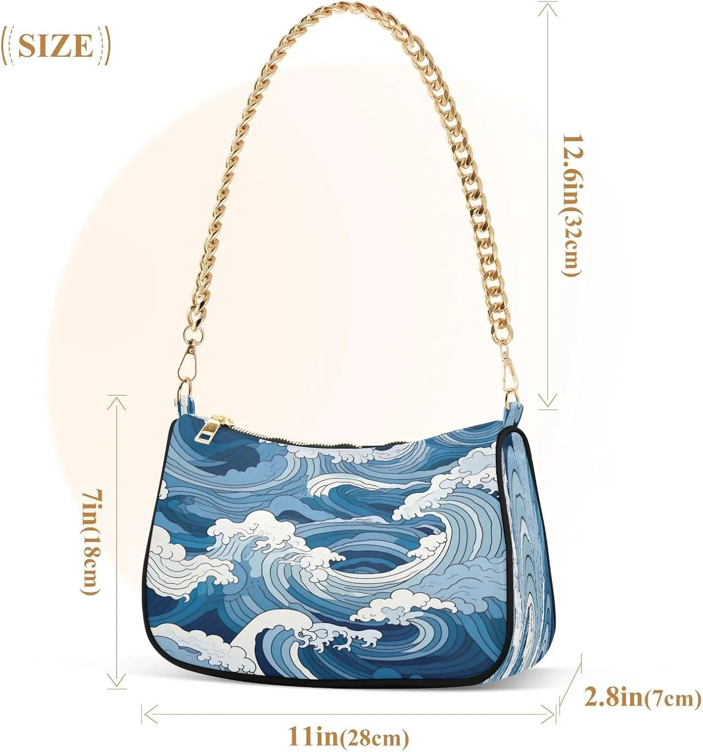Nautical Blue Watercolor Waves Small Shoulder Bag for Women, Cute Shoulder Bags Aesthetic