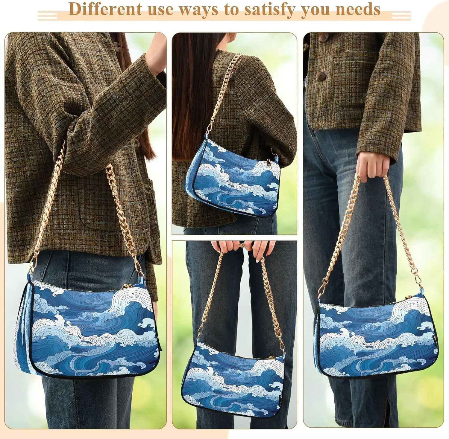 Nautical Blue Watercolor Waves Small Shoulder Bag for Women, Cute Shoulder Bags Aesthetic
