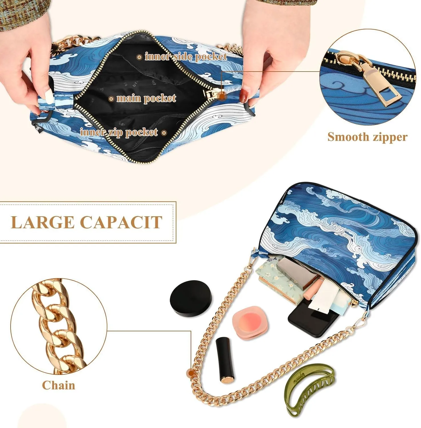 Nautical Blue Watercolor Waves Small Shoulder Bag for Women, Cute Shoulder Bags Aesthetic