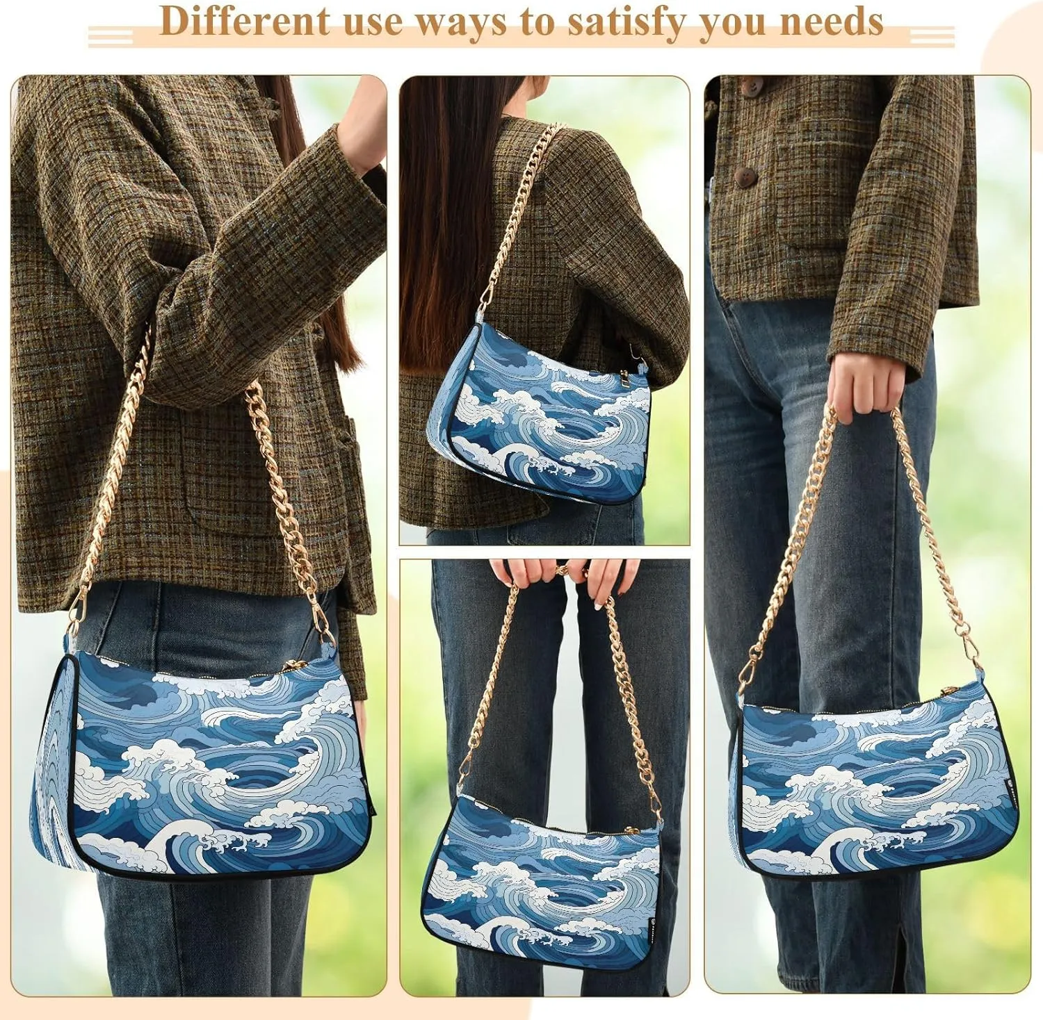 Nautical Blue Watercolor Waves Small Shoulder Bag for Women, Cute Shoulder Bags Aesthetic