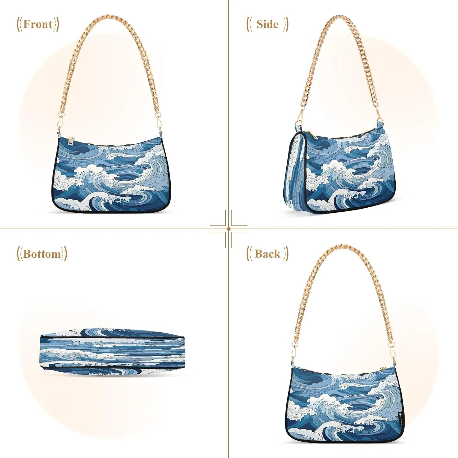 Nautical Blue Watercolor Waves Small Shoulder Bag for Women, Cute Shoulder Bags Aesthetic