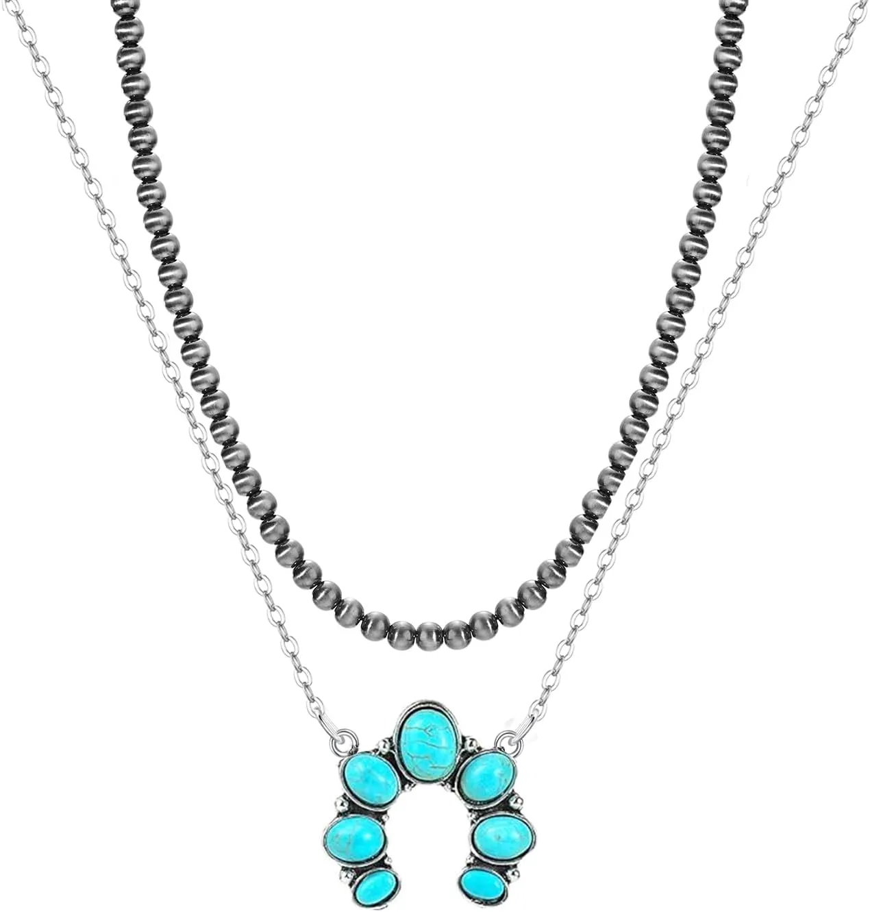 Navajo Pearl Necklace Western Jewelry for Women Turquoise Heart Bar Pendant Necklace Layered Boho Beaded Choker Necklace for Women