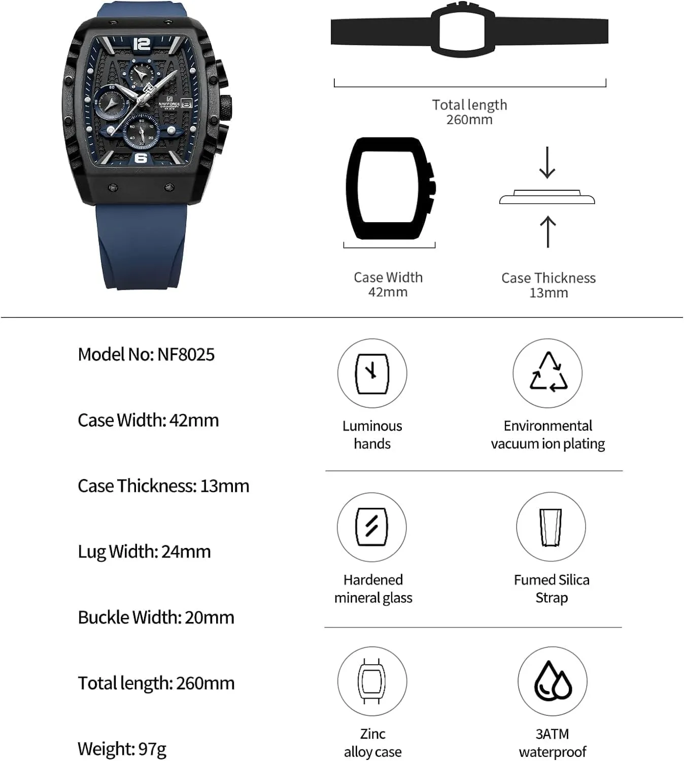 NAVIFORCE Waterproof Chronograph Sport Watch for Men, Colorful Silicone Band, Auto Date Quartz Wristwatch