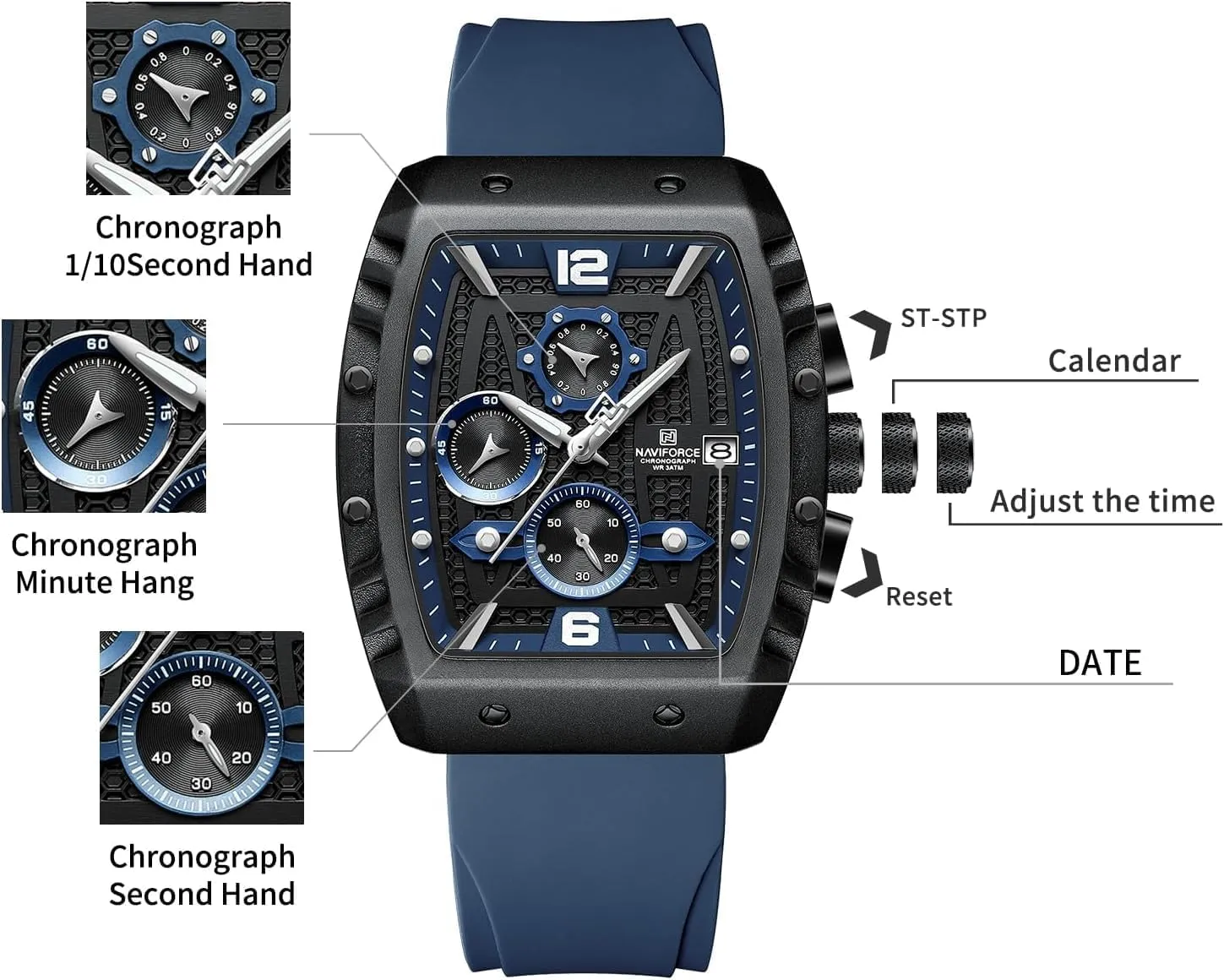 NAVIFORCE Waterproof Chronograph Sport Watch for Men, Colorful Silicone Band, Auto Date Quartz Wristwatch