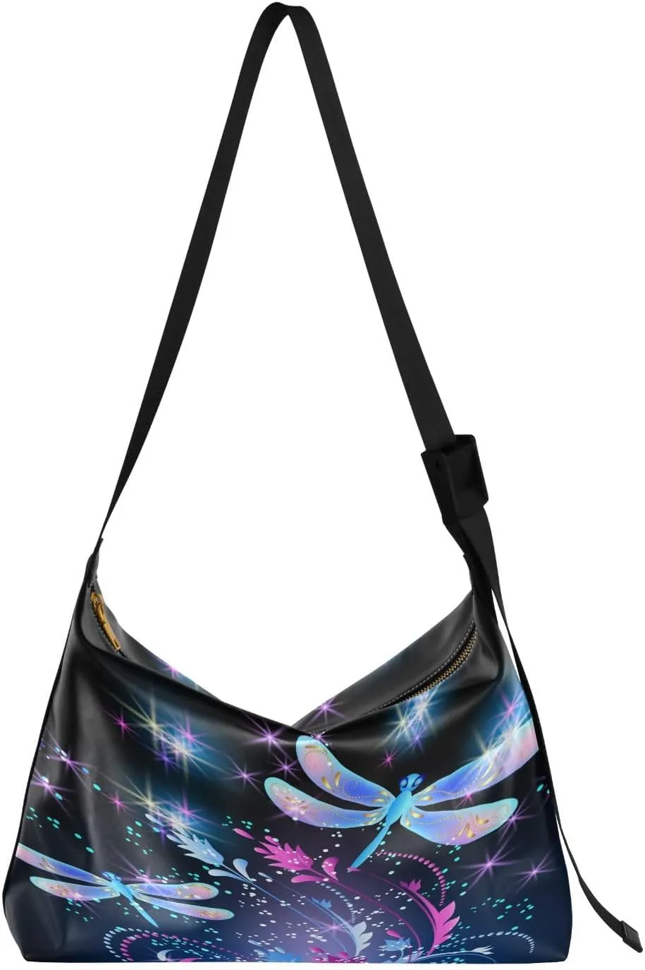 Neon Dragonfly Golden Hobo Crossbody Bags for Women Leather Large Shoulder Bag Cross Body Trendy Womens Tote Bags Handbag for Travel Shopping