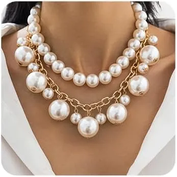 Octwine 2 Tier 1920s Women Gold Layered Pearls Choker Necklaces Trendy Retro Pearls Pendant Gold Necklace Dainty Chunky Link Chain Punk Bar Sexy Choker Necklaces for Women