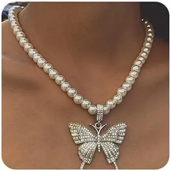 Octwine Boho Silver Gold Dainty Simple Butterfly Choker Necklaces Bar Pearls Chunky Stacked Pendant Necklace for Women (Silver)