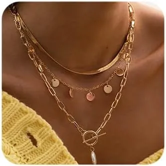 Octwine Silver Golden Sequins Layered Choker Necklaces for Women Simple Layering Bar Imitation Pearls Chunky Stacked Pendant Necklace for Women
