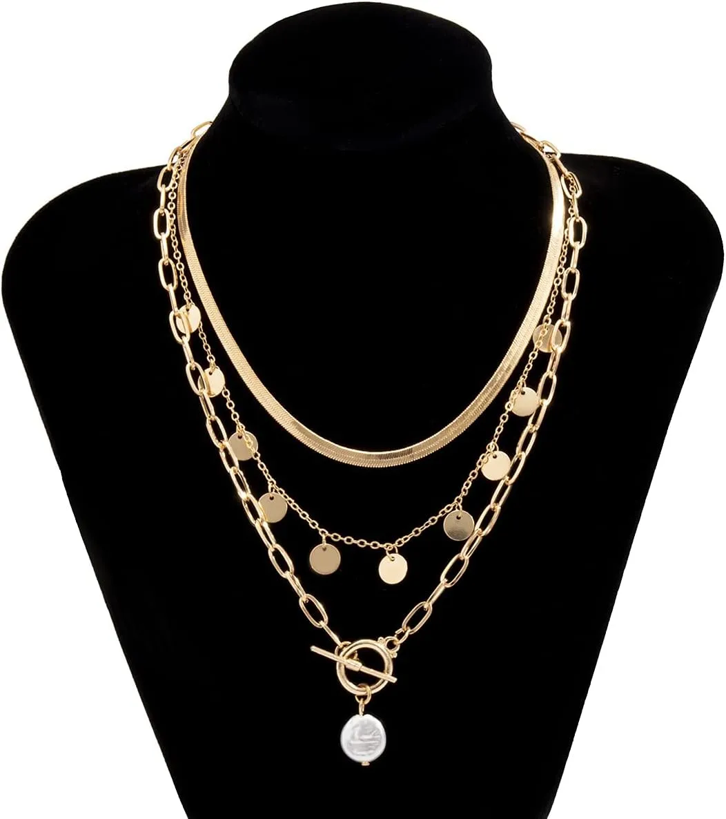 Octwine Silver Golden Sequins Layered Choker Necklaces for Women Simple Layering Bar Imitation Pearls Chunky Stacked Pendant Necklace for Women