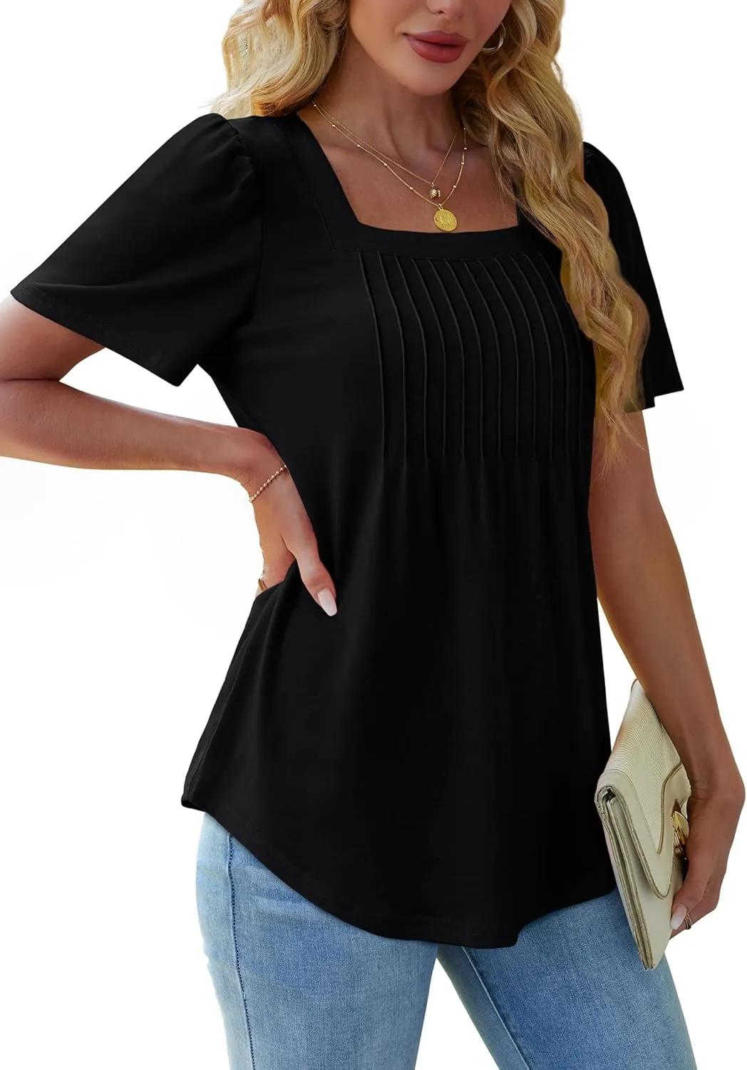 OFEEFAN T Shirts for Women Pleated Square Neck Dressy Casual Blouses Puff Short Sleeve Summer Tops Loose Fit