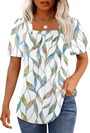 OFEEFAN T Shirts for Women Pleated Square Neck Dressy Casual Blouses Puff Short Sleeve Summer Tops Loose Fit