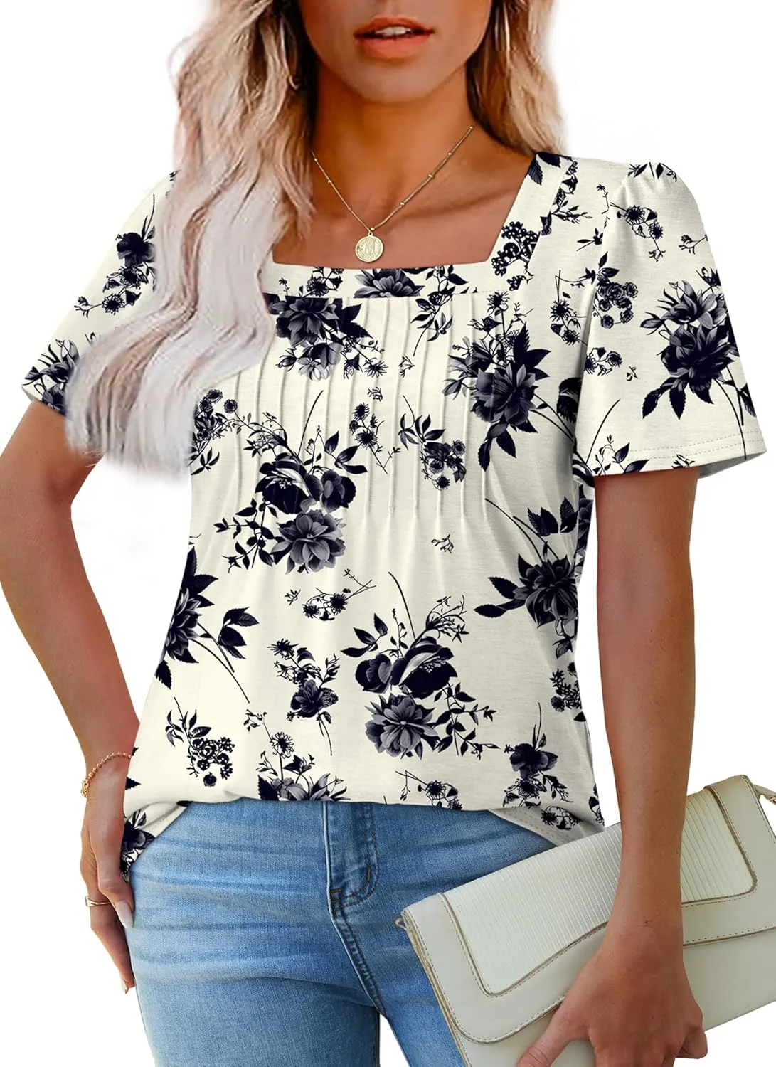 OFEEFAN T Shirts for Women Pleated Square Neck Dressy Casual Blouses Puff Short Sleeve Summer Tops Loose Fit