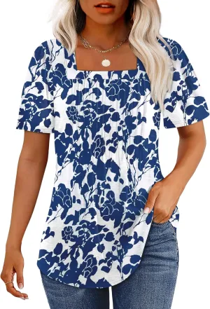 OFEEFAN T Shirts for Women Pleated Square Neck Dressy Casual Blouses Puff Short Sleeve Summer Tops Loose Fit