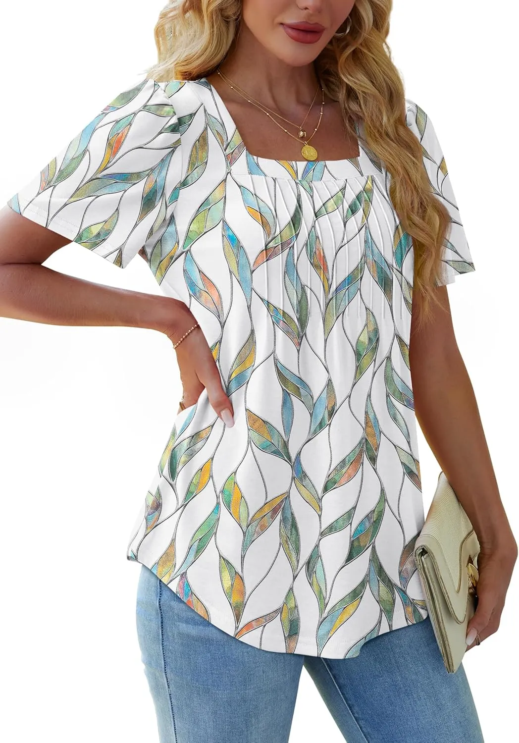 OFEEFAN T Shirts for Women Pleated Square Neck Dressy Casual Blouses Puff Short Sleeve Summer Tops Loose Fit
