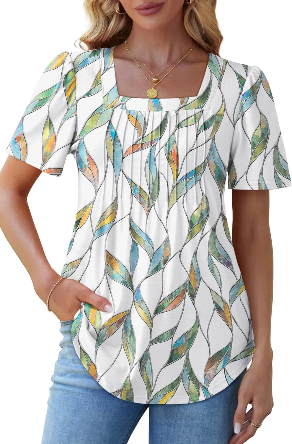 OFEEFAN T Shirts for Women Pleated Square Neck Dressy Casual Blouses Puff Short Sleeve Summer Tops Loose Fit