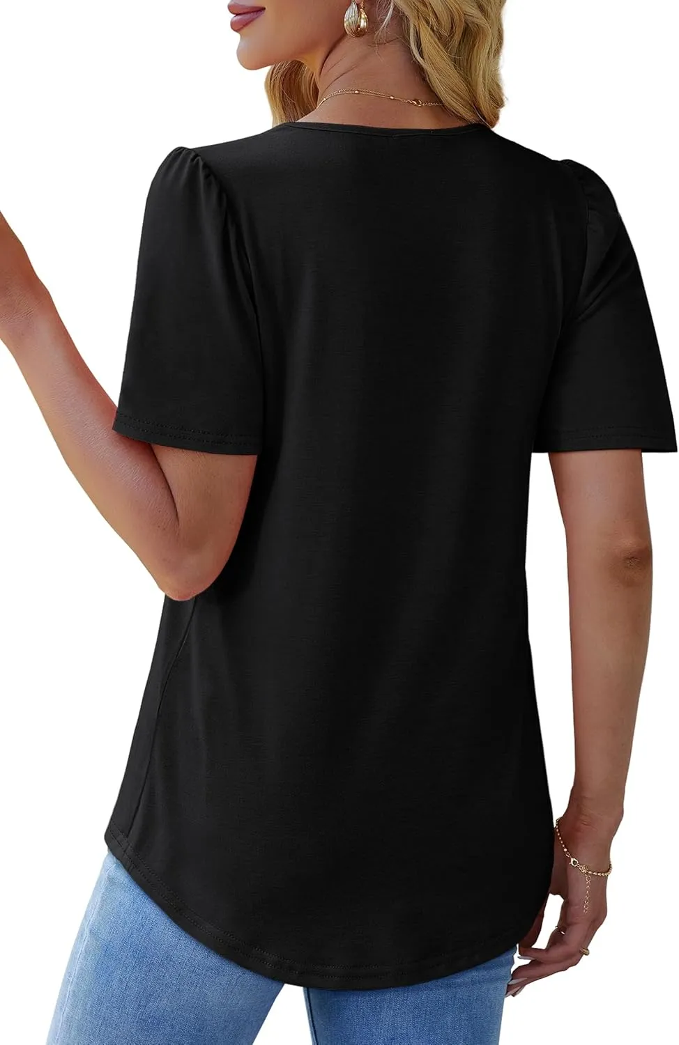OFEEFAN T Shirts for Women Pleated Square Neck Dressy Casual Blouses Puff Short Sleeve Summer Tops Loose Fit