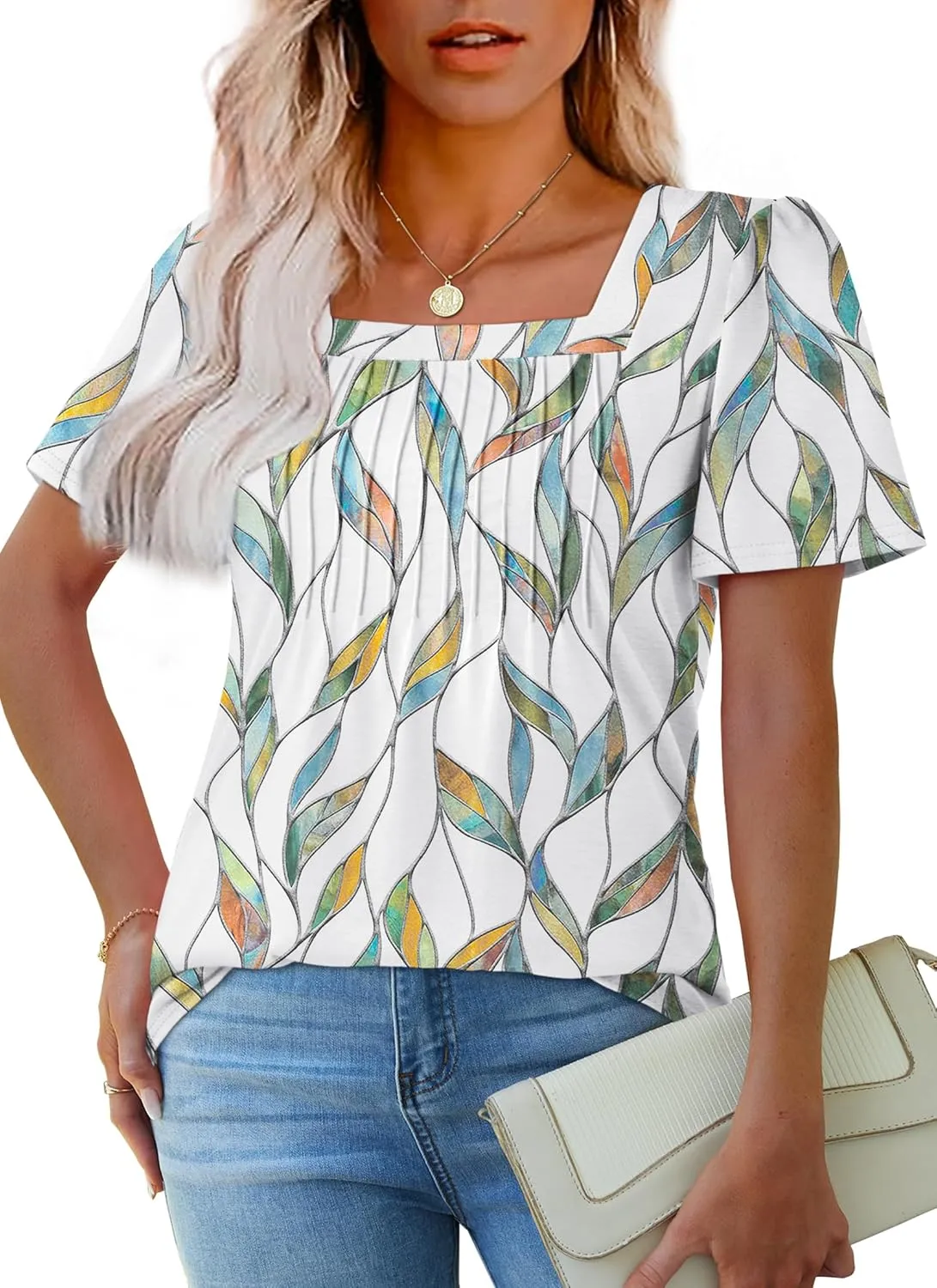 OFEEFAN T Shirts for Women Pleated Square Neck Dressy Casual Blouses Puff Short Sleeve Summer Tops Loose Fit