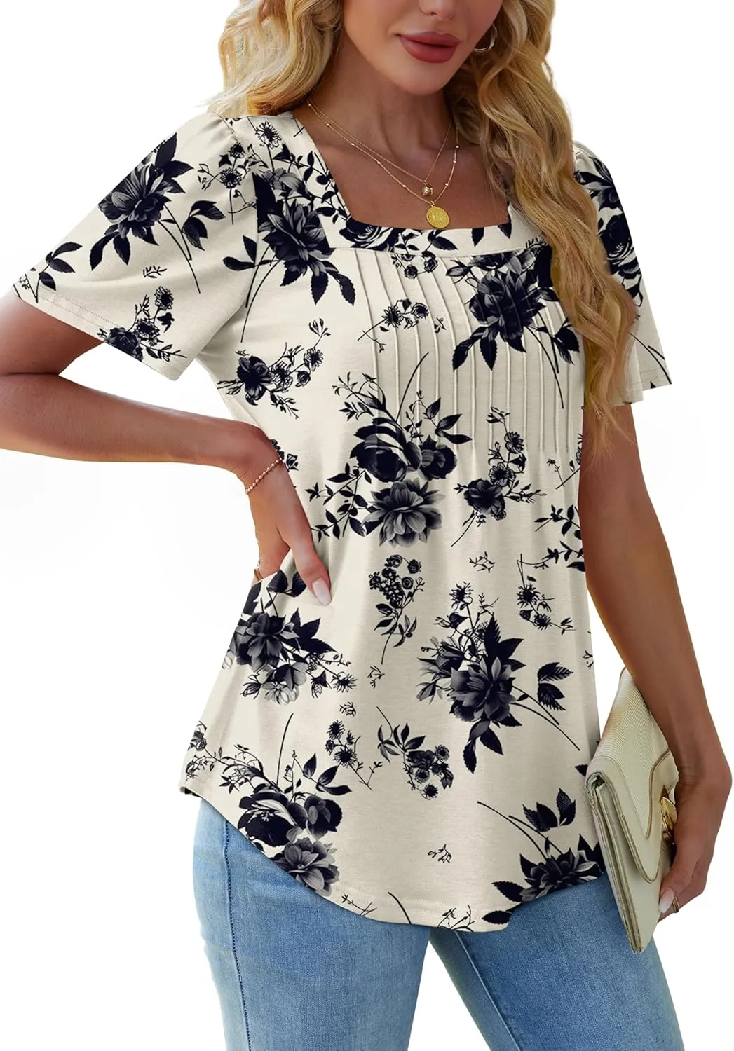 OFEEFAN T Shirts for Women Pleated Square Neck Dressy Casual Blouses Puff Short Sleeve Summer Tops Loose Fit