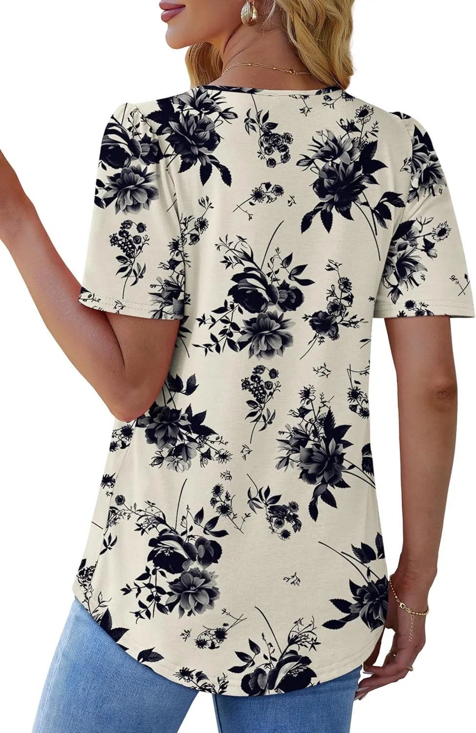 OFEEFAN T Shirts for Women Pleated Square Neck Dressy Casual Blouses Puff Short Sleeve Summer Tops Loose Fit
