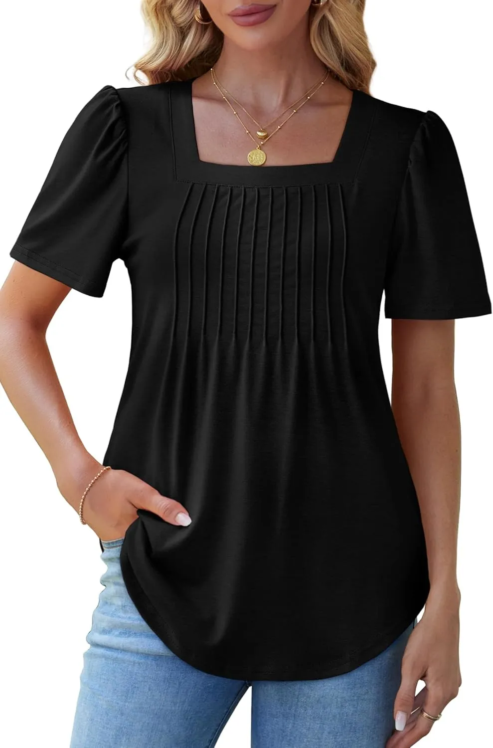 OFEEFAN T Shirts for Women Pleated Square Neck Dressy Casual Blouses Puff Short Sleeve Summer Tops Loose Fit