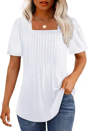OFEEFAN T Shirts for Women Pleated Square Neck Dressy Casual Blouses Puff Short Sleeve Summer Tops Loose Fit