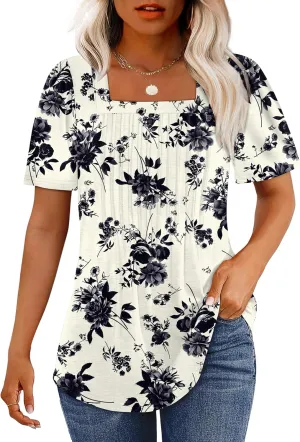 OFEEFAN T Shirts for Women Pleated Square Neck Dressy Casual Blouses Puff Short Sleeve Summer Tops Loose Fit
