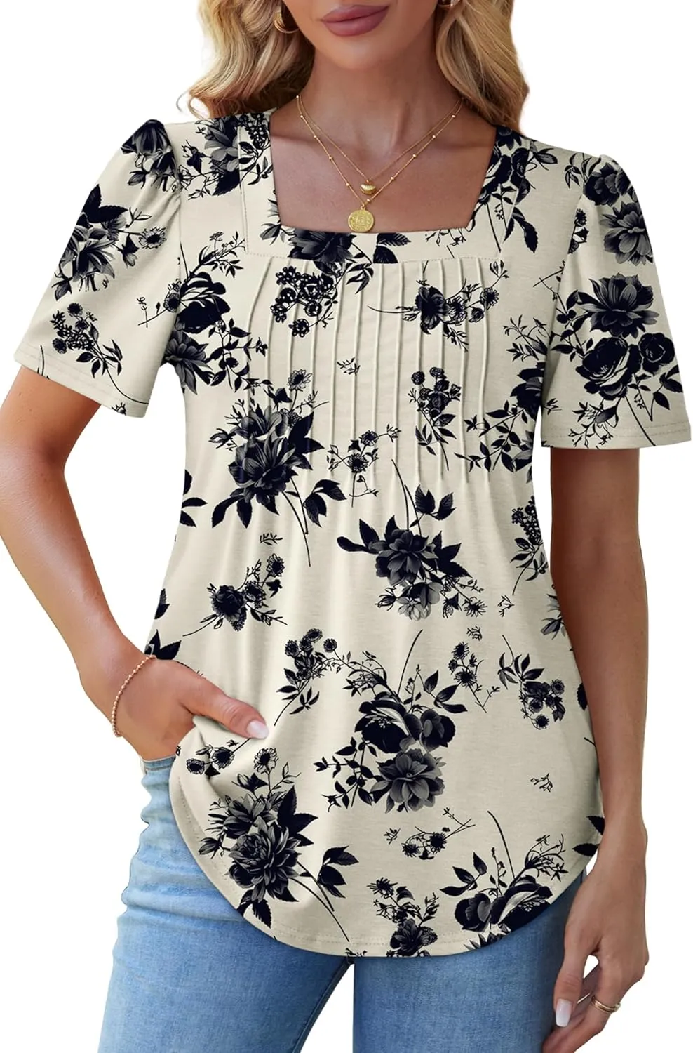 OFEEFAN T Shirts for Women Pleated Square Neck Dressy Casual Blouses Puff Short Sleeve Summer Tops Loose Fit