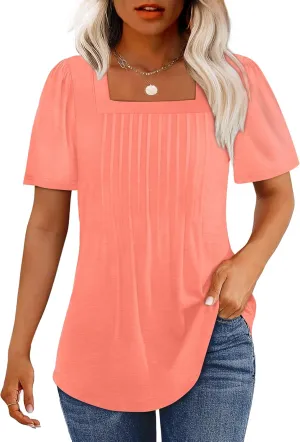 OFEEFAN T Shirts for Women Pleated Square Neck Dressy Casual Blouses Puff Short Sleeve Summer Tops Loose Fit