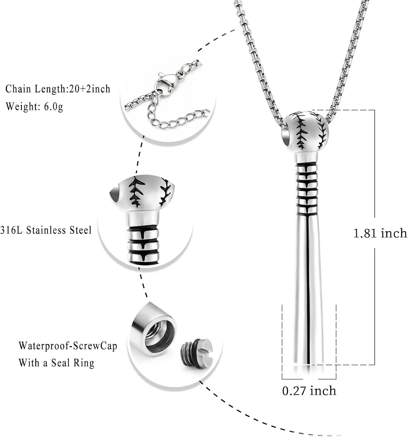 Oinsi Urn Necklace for Ashes Sport Keepsake Jewelry for Women Men Baseball Bat Cremation Urn Necklace Memorial Pendant with Filling Kits