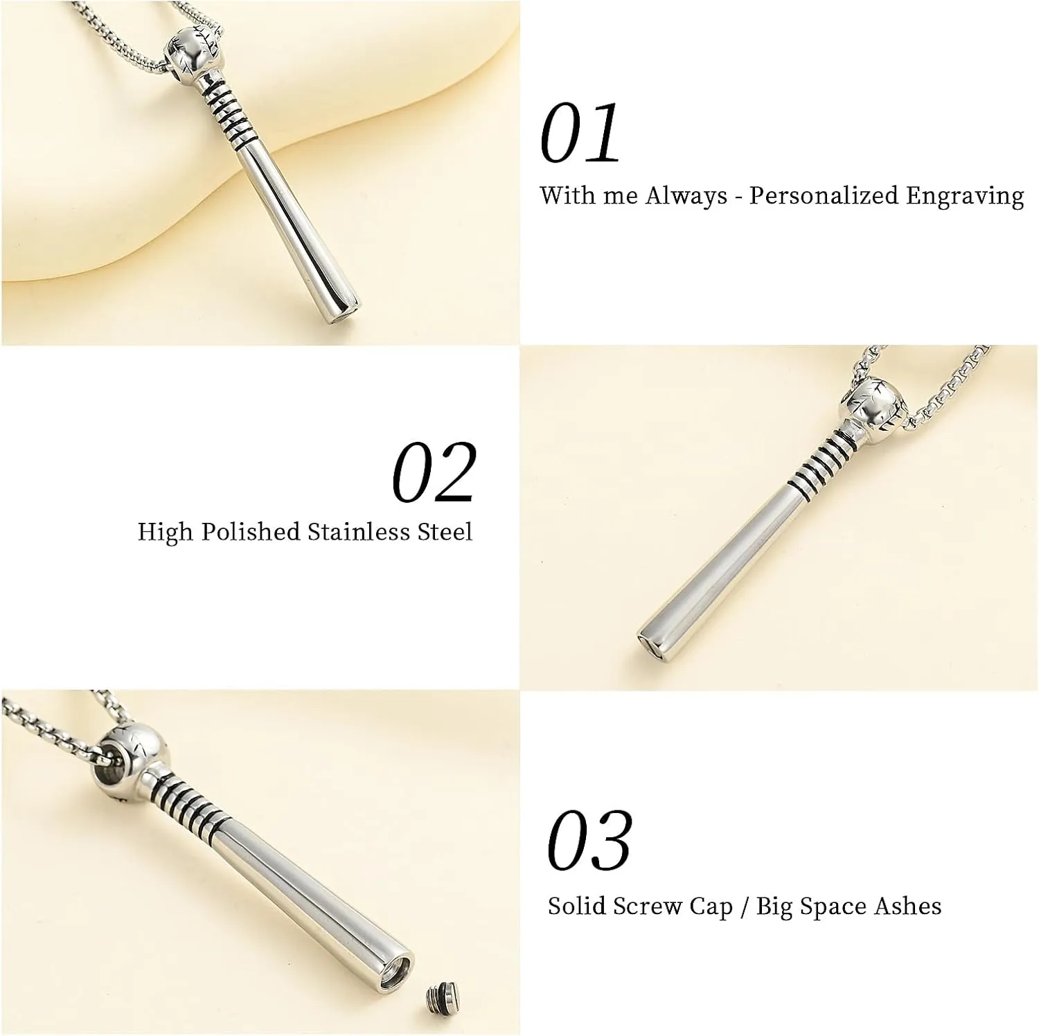 Oinsi Urn Necklace for Ashes Sport Keepsake Jewelry for Women Men Baseball Bat Cremation Urn Necklace Memorial Pendant with Filling Kits