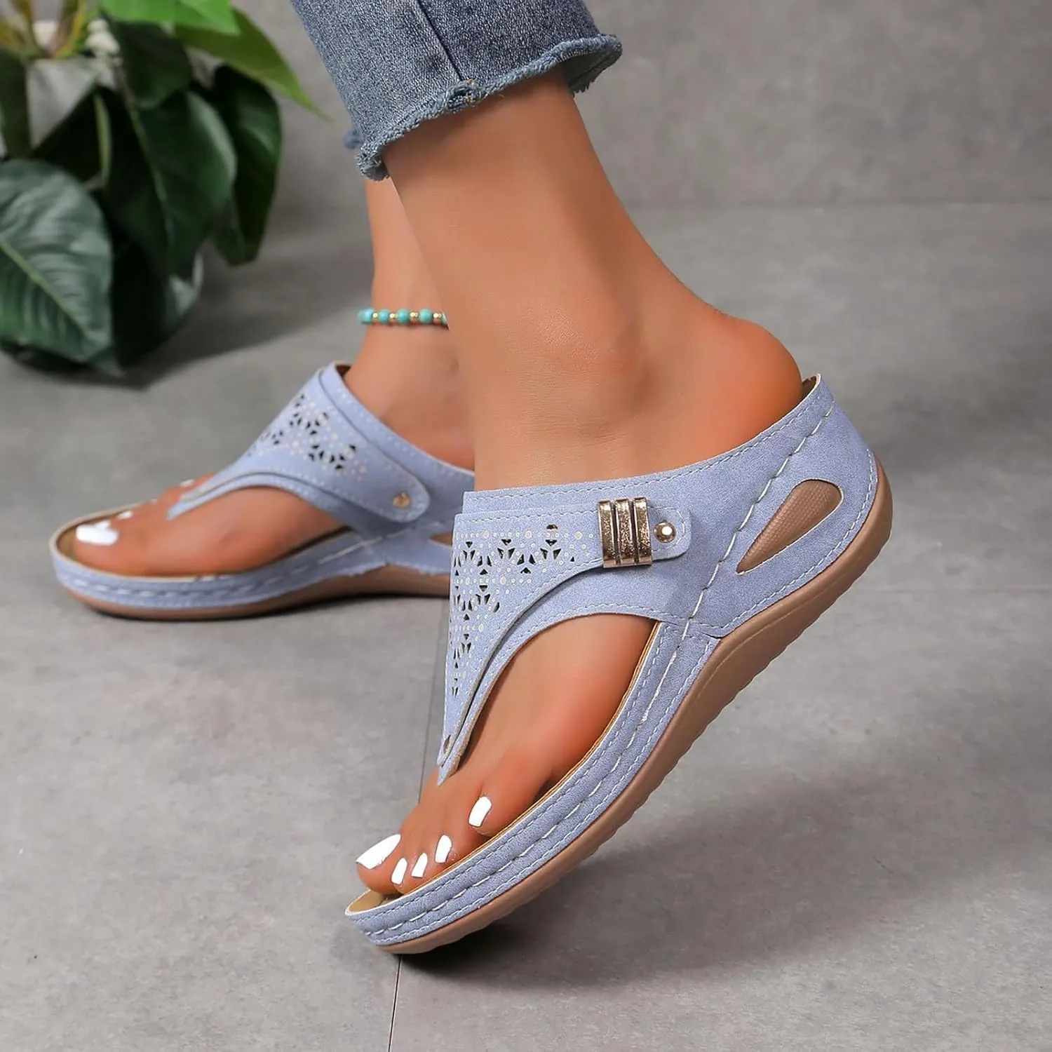 Orthopedic Sandals for Women 2025,Dressy Slip On Flip Flops Sandals with Arch Support,Chic Comfortable Wide Width Platform Thong Breathable Cutout Open Toe Summer Walking Casual Beach Slippers