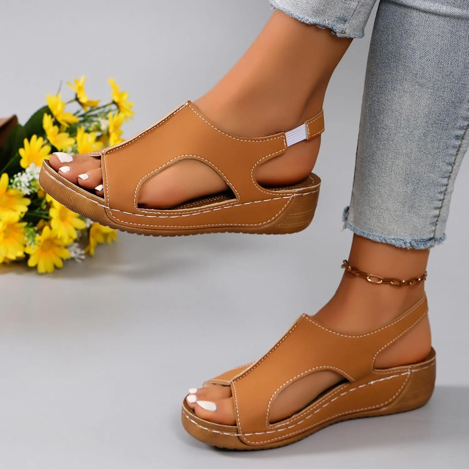 Orthopedic Sandals for Women Arch Support Comfortable Wedge Sandals Ankle Strap Open Toe Platform Slingback Summer Shoe