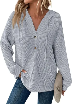 Oversized Hoodies for Women Soft V Neck Waffle Knit Hooded Sweatshirt Lightweight Fall Long Sleeve Pullover Sweaters