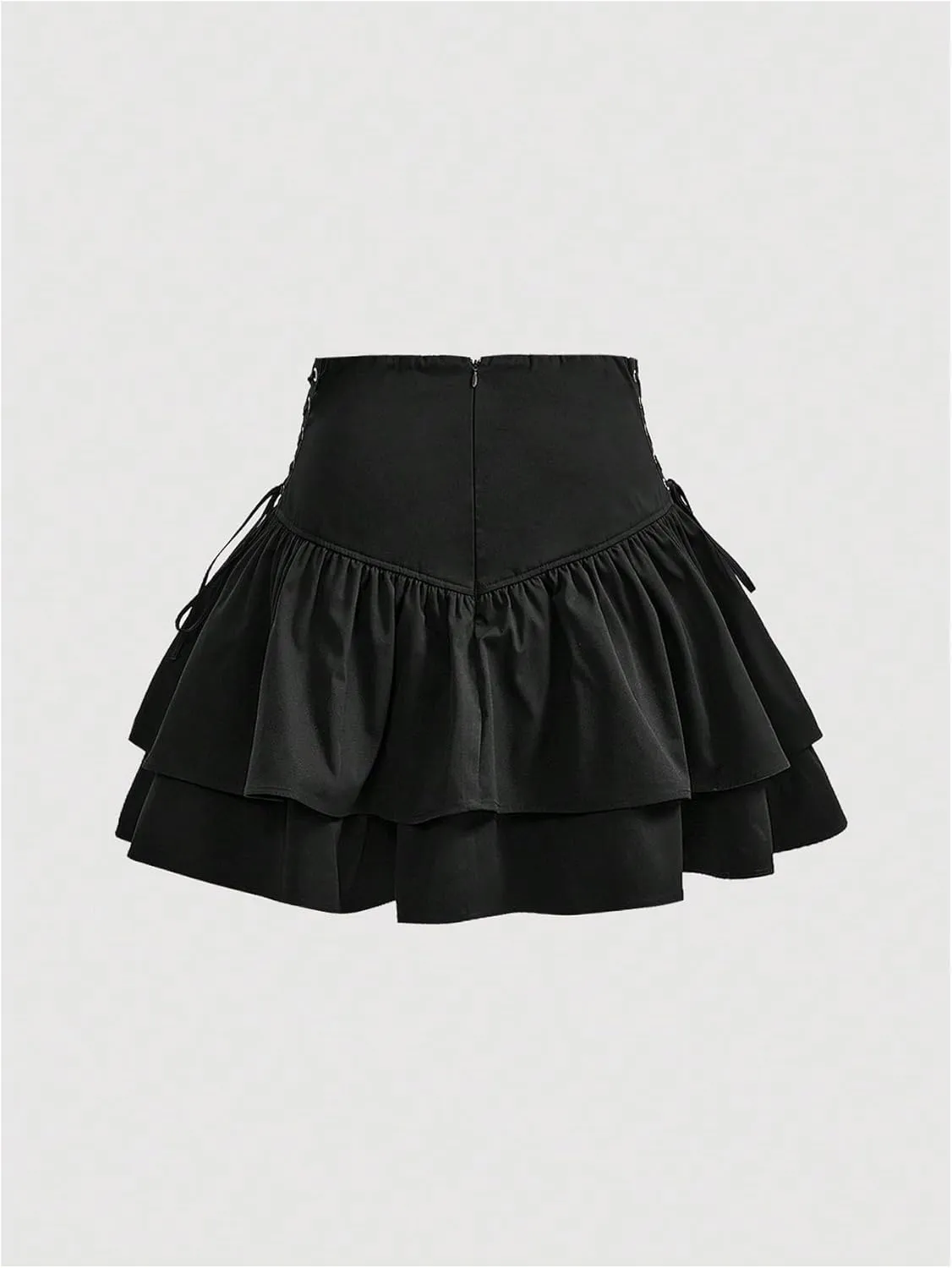 OYOANGLE Girl's Zipper High Waisted Ruffle Tiered Mini Skirt Cute Lace-Up Side Pleated Layered Goth Short Skirts