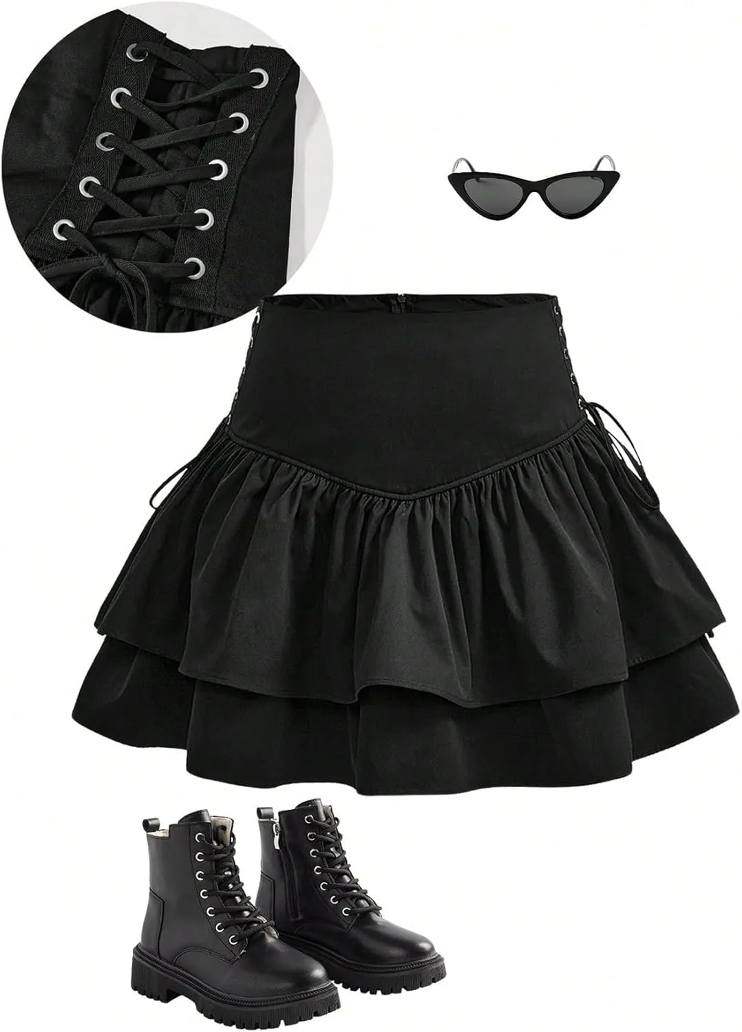 OYOANGLE Girl's Zipper High Waisted Ruffle Tiered Mini Skirt Cute Lace-Up Side Pleated Layered Goth Short Skirts