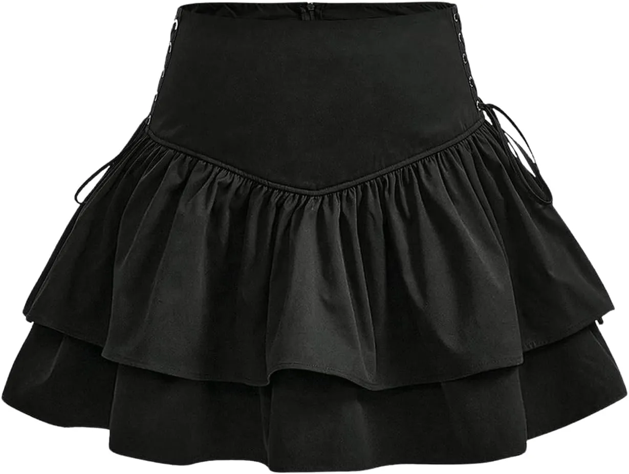 OYOANGLE Girl's Zipper High Waisted Ruffle Tiered Mini Skirt Cute Lace-Up Side Pleated Layered Goth Short Skirts
