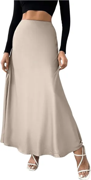 OYOANGLE Women's Elastic High Waist Flowy A Line Long Skirt Solid Plain Elegant Work Office Maxi Skirts