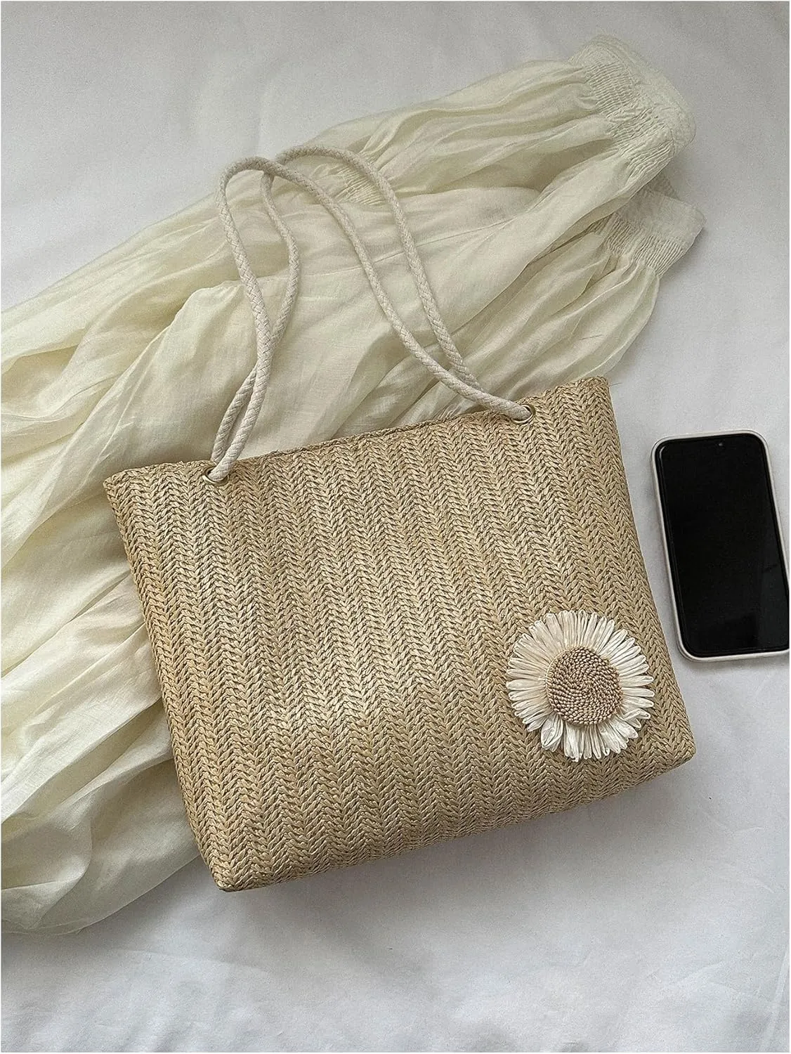 OYOANGLE Women's Flower Decor Straw Shoulder Handbag Large Capacity Tote Bag Vacation Beach Bags