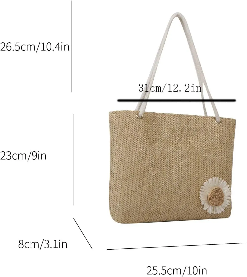 OYOANGLE Women's Flower Decor Straw Shoulder Handbag Large Capacity Tote Bag Vacation Beach Bags